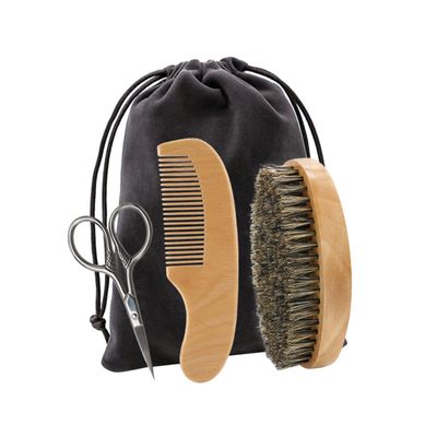 POPETPOP Beard Styling Tool Shaving Kit Brush Comb Scissors Case for Men's Grooming