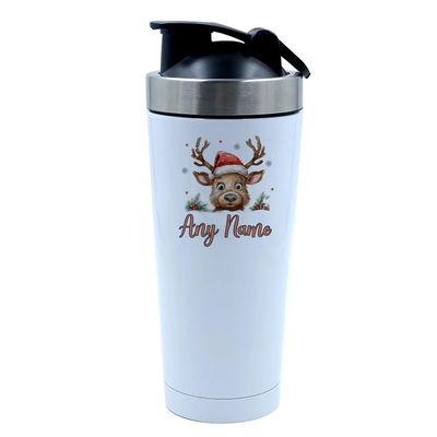 Getagift Personalised Christmas Reindeer With Name, festive Xmas Gift, 500ml Aluminium Shaker Bottle for Supplement Shakes - Easy Clean, Durable Cup. (White)
