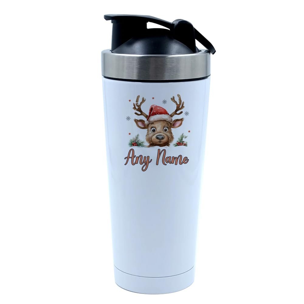 Getagift Personalised Christmas Reindeer With Name, festive Xmas Gift, 500ml Aluminium Shaker Bottle for Supplement Shakes - Easy Clean, Durable Cup. (White)