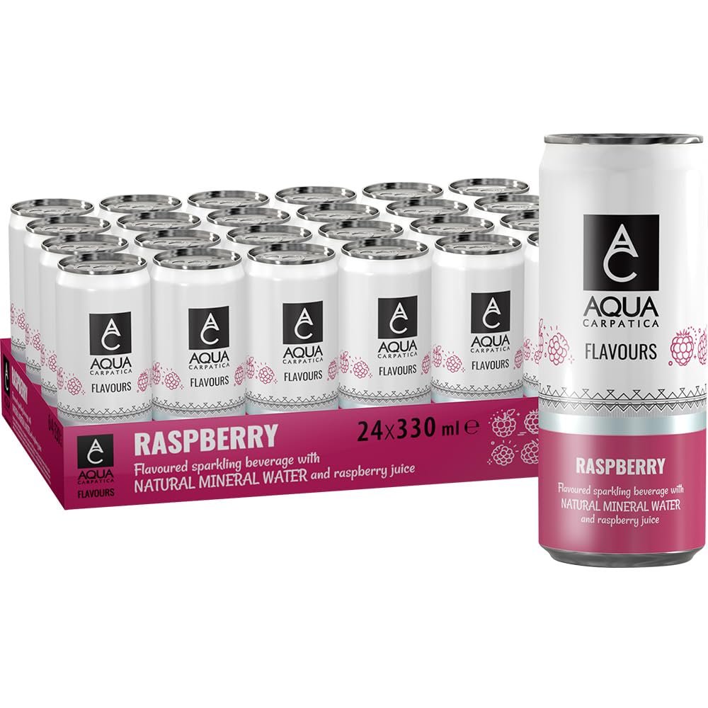 AQUA Carpatica Sparkling Flavours Raspberry 330ml x 24 - Natural Fruit Juice Infused Sparkling Water, No Added Sugar, Naturally Alkaline, Sweetened with Agave Syrup, Rich in Minerals