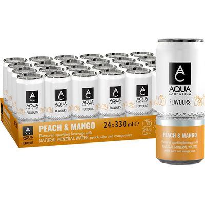 AQUA Carpatica Sparkling Flavours Mango & Peach 330ml x 24 - Natural Fruit Juice Infused Sparkling Water, No Added Sugar, Naturally Alkaline, Sweetened with Agave Syrup, Rich in Minerals