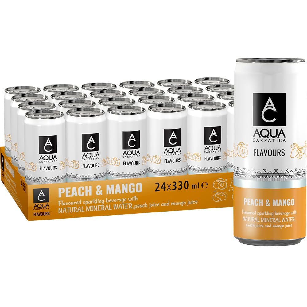 AQUA Carpatica Sparkling Flavours Mango & Peach 330ml x 24 - Natural Fruit Juice Infused Sparkling Water, No Added Sugar, Naturally Alkaline, Sweetened with Agave Syrup, Rich in Minerals