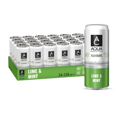 AQUA Carpatica Sparkling Flavours Lime & Mint 330ml x 24 - Natural Fruit Juice Infused Sparkling Water, No Added Sugar, Naturally Alkaline, Sweetened with Agave Syrup, Rich in Minerals