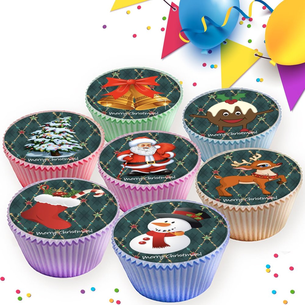 24 x CHRISTMAS EDIBLE ICING 4.5cms CUPCAKE TOPPERS DECORATIONS CR027
