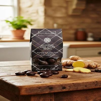 Belgian 56% Dark Chocolate Covered Ginger Pearls  165g Gift Box, Gourmet Chocolate, Luxury Sweets, Artisan Chocolate Treats