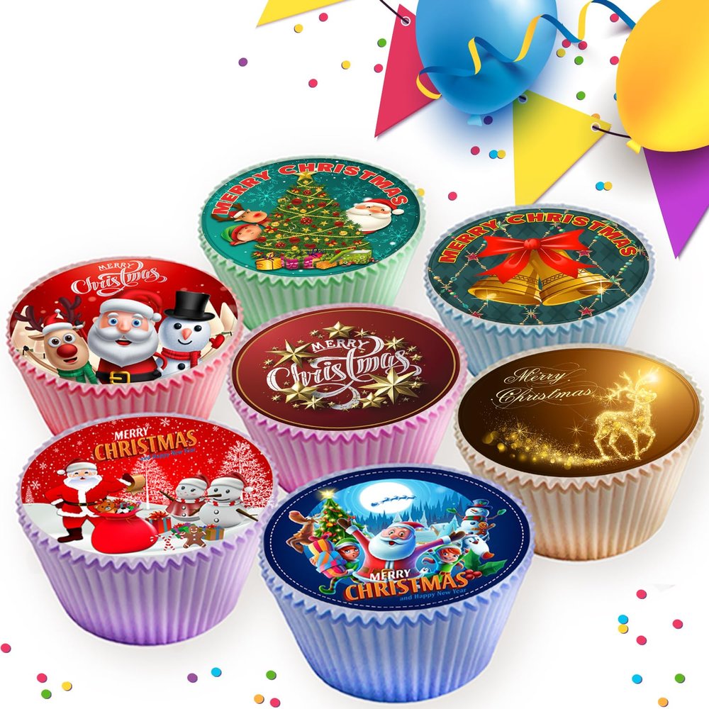 24 x CHRISTMAS EDIBLE ICING 4.5 cms CUPCAKE TOPPERS DECORATIONS CR037