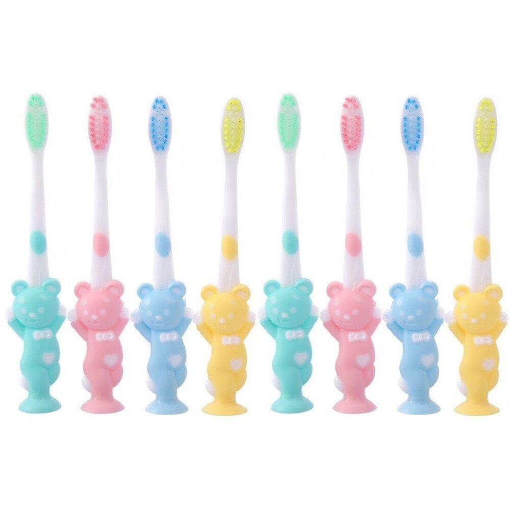 Cartoon Childrens Toothbrush 4pcs Cute Cleaning Teeth Brushing with Suction Cup Manual Short Handle Toothbrush for Kids