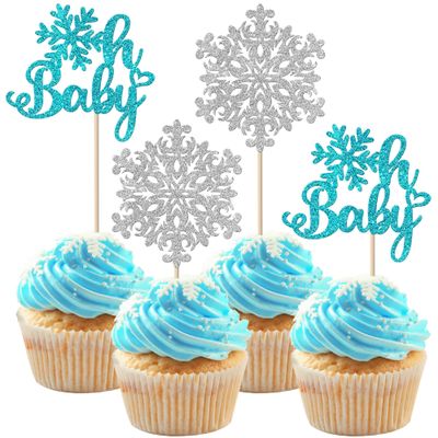 Rsstarxi 24 Pack Snowflake Oh Baby Cupcake Toppers Glitter Winter Frozen Oh Baby Shower Cupcake Picks for Snowflake Theme Baby Shower Birthday Party Cake Decorations Blue