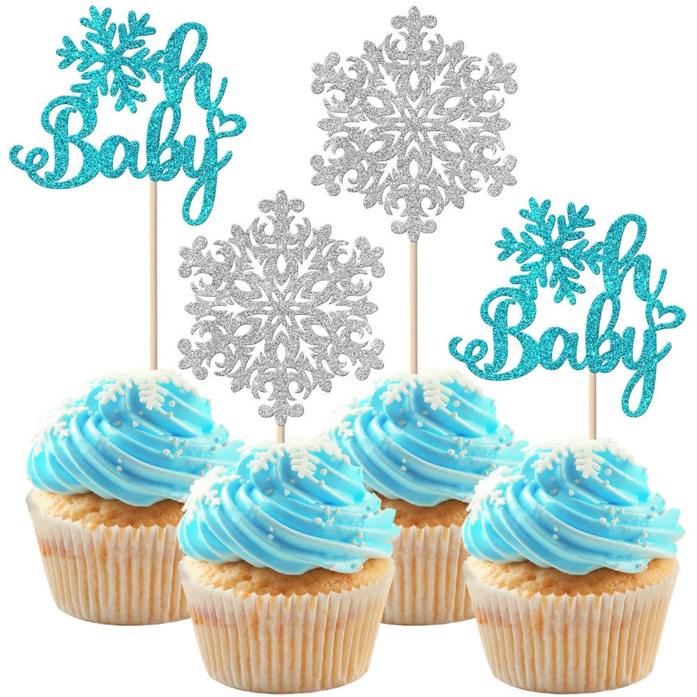 Rsstarxi 24 Pack Snowflake Oh Baby Cupcake Toppers Glitter Winter Frozen Oh Baby Shower Cupcake Picks for Snowflake Theme Baby Shower Birthday Party Cake Decorations Blue