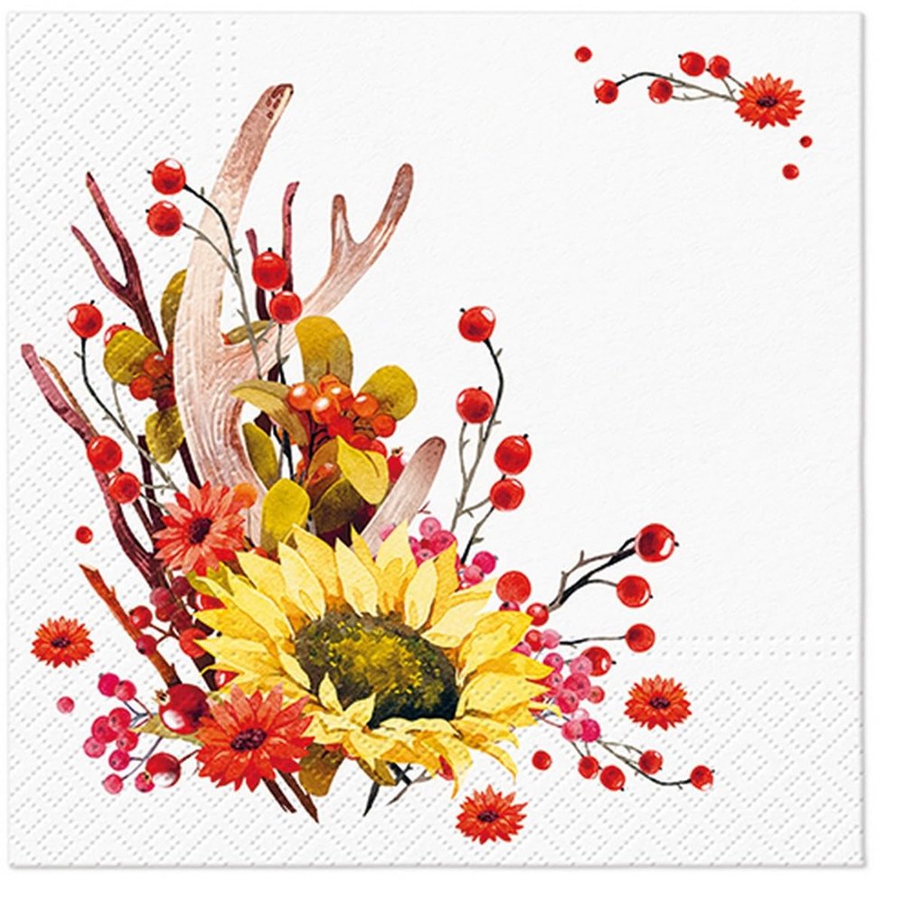 20 Napkins Autumn Sunflower on Autumn Arrangement Table Decoration Paper Napkins with Motif Also for Decoupage and Decoupage 33 x 33 cm