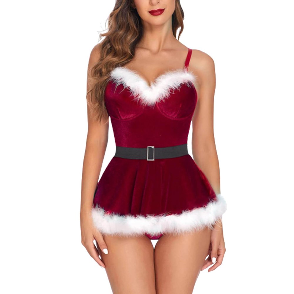 Aizuoni Santa Sexy Costume,Santa Dress Lingerie Dress Mrs Claus Costume | Women Dress Sleepwear V Neck Skin-Friendly Sexy Costume Dress for Parties