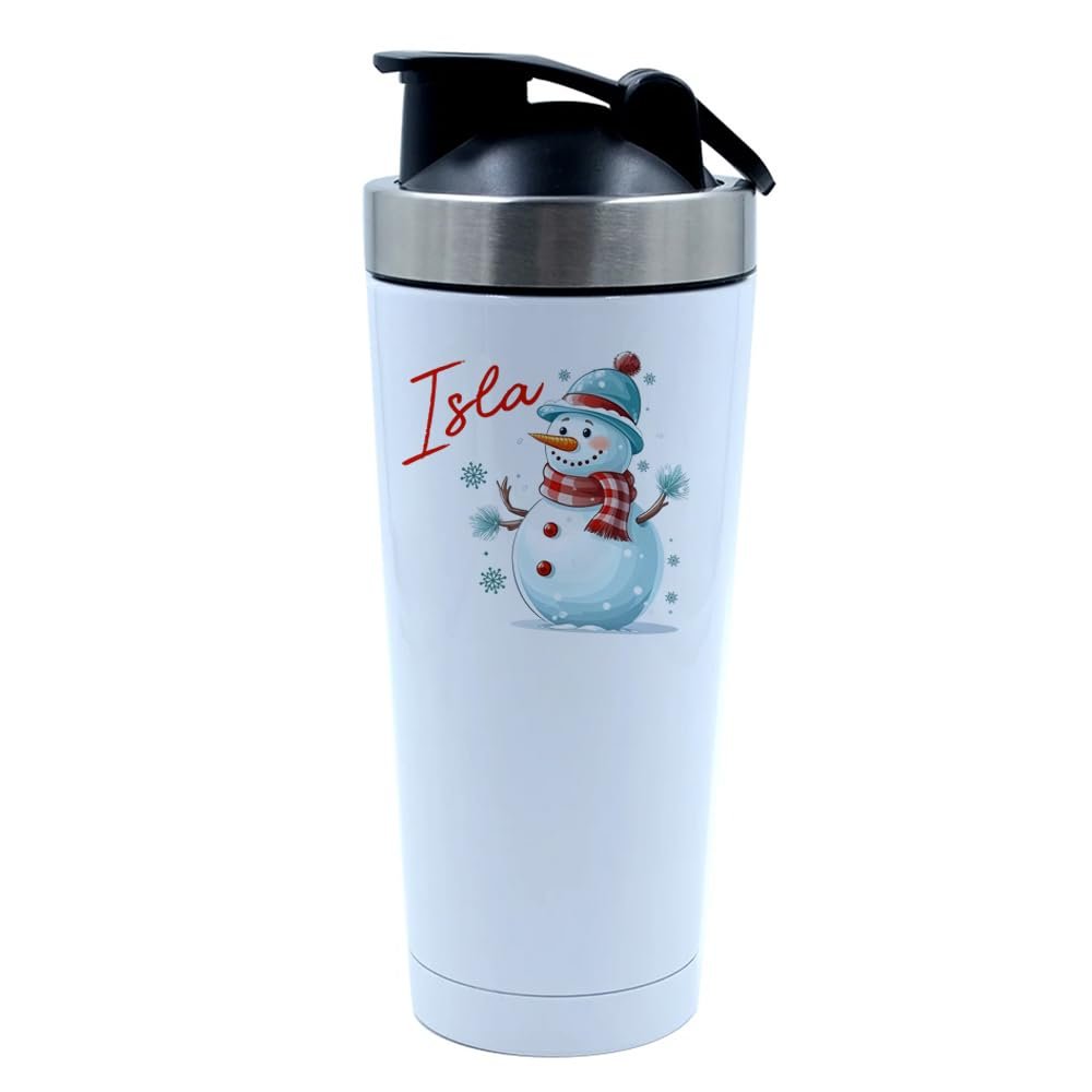 Getagift Personalised Christmas Snowman Gift, Xmas Gift, 500ml Aluminium Shaker Bottle for Supplement Shakes - Easy Clean, Durable Cup. (White)
