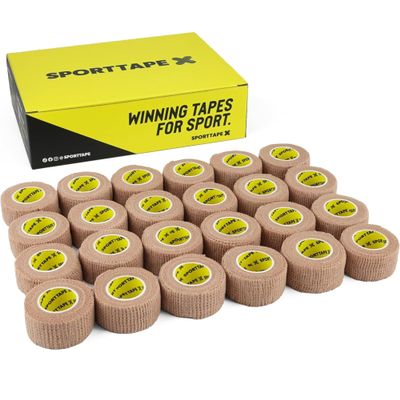 24 Rolls - SPORTTAPE Cohesive Finger Tape - 2.5cm x 4.5m | Compression Bandage - Beige - Self-Adhesive Wrap | Vetwrap, Thumb, Toe, Goalkeeper Finger & Wrist Tape - First Aid & Medical Physio Bandage