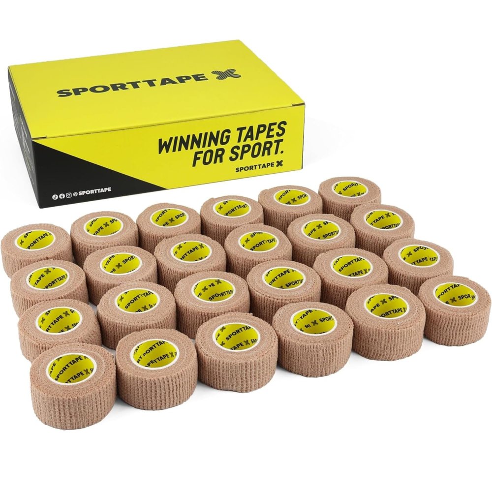 24 Rolls - SPORTTAPE Cohesive Finger Tape - 2.5cm x 4.5m | Compression Bandage - Beige - Self-Adhesive Wrap | Vetwrap, Thumb, Toe, Goalkeeper Finger & Wrist Tape - First Aid & Medical Physio Bandage