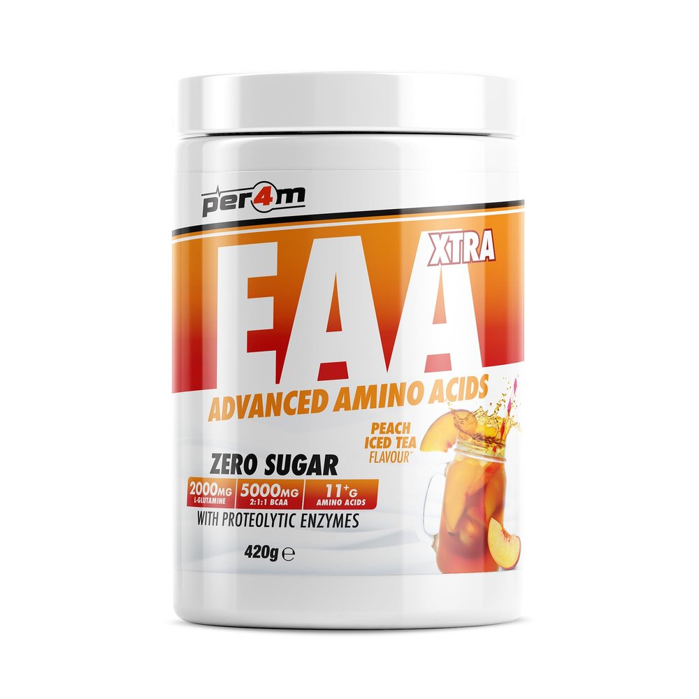 Per4m EAA Xtra/Amino Xtra | 30 Servings of Full Spectrum EAA with Proteolytic Enzymes | Vegan Friendly | Zero Sugar Amino Acid (420g, Peach Iced Tea)
