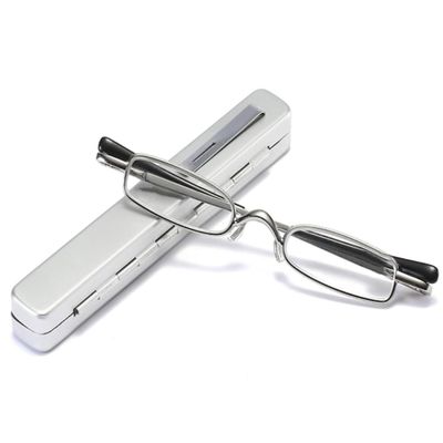NILZA Mini Reading Glasses Portable Compact Glasses Spring Temple Eyeglasses Computer Readers For Unisex-With Metal Case (Color : Silver, Size : +2.0)