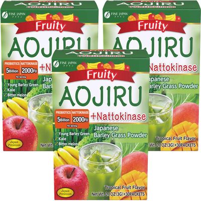 FINE JAPAN Green Aojiru Powder with Fruits and Nattokinase, Powder Juice & Smoothie Mix, Supports Digestion and Energy (154 gr/5.4 oz/30 Packets) Set of 3