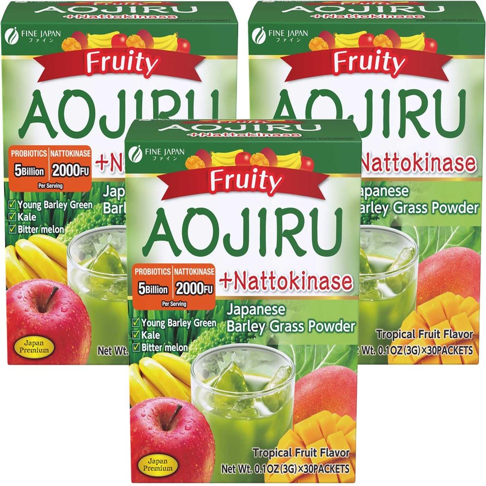 FINE JAPAN Green Aojiru Powder with Fruits and Nattokinase, Powder Juice & Smoothie Mix, Supports Digestion and Energy (154 gr/5.4 oz/30 Packets) Set of 3