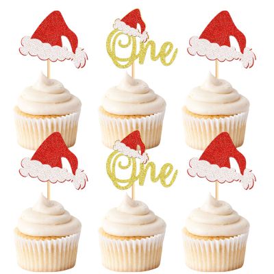 Keaziu 24 Pack One Christmas Cupcake Toppers Picks Gold Christmas Hat Celebrate Christmas Cupcake for Christmas Theme Birthday Party Cake Decorations Supplies Gold