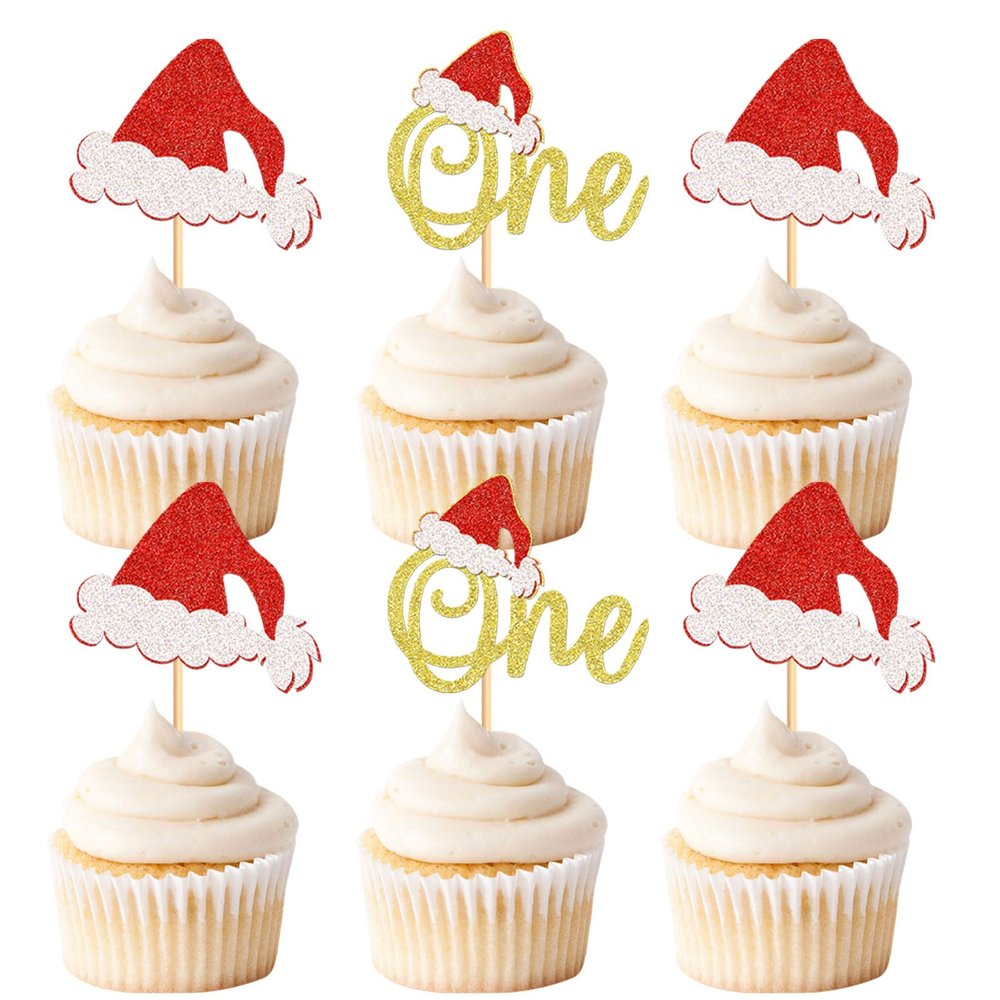 Keaziu 24 Pack One Christmas Cupcake Toppers Picks Gold Christmas Hat Celebrate Christmas Cupcake for Christmas Theme Birthday Party Cake Decorations Supplies Gold