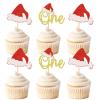 Keaziu 24 Pack One Christmas Cupcake Toppers Picks Gold Christmas Hat Celebrate Christmas Cupcake for Christmas Theme Birthday Party Cake Decorations Supplies Gold view 1