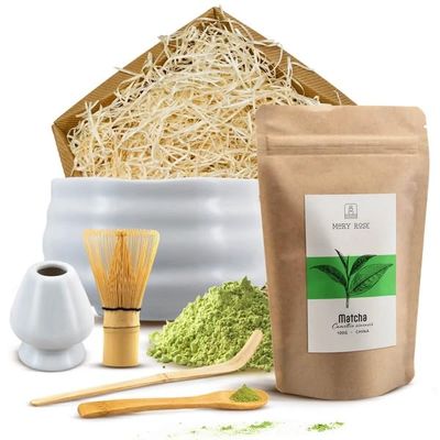 Matcha tea brewing gift set | Japanese Matcha Mary Rose tea | Matcha brewing accessories: chawan, kusenaoshi, chasen, chashaku | 100g