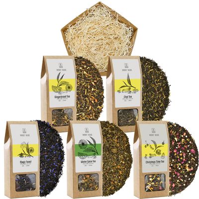 Gift set with Mary Rose tea | Winter warming tea | Black tea, green tea, assam, yunnan | Cloves, ginger, cinnamon, cardamom | 5x50g