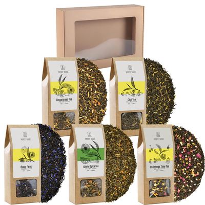 Gift set with Mary Rose tea | Winter warming tea | Black tea, green tea, assam, yunnan | Cloves, ginger, cinnamon, cardamom | 5x50g
