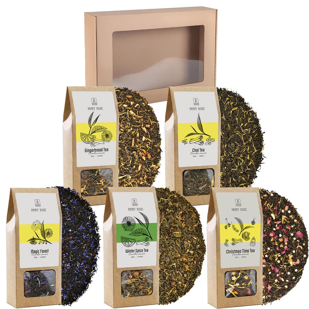 Gift set with Mary Rose tea | Winter warming tea | Black tea, green tea, assam, yunnan | Cloves, ginger, cinnamon, cardamom | 5x50g