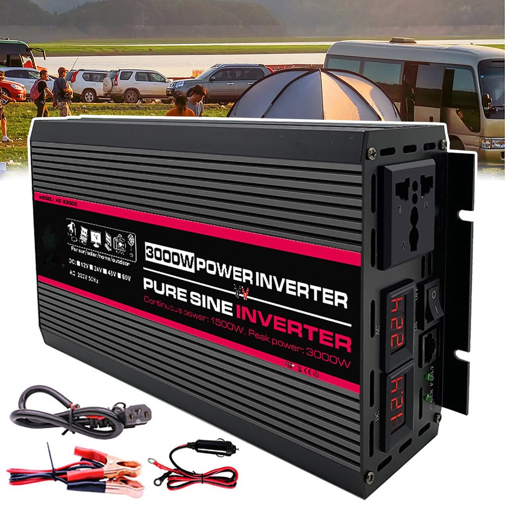 1000W-4000W Pure Sine Wave Inverter, DC 12V-60V To AC 220V Car Inverter, With Ac Socket + LED Display, Travel, Camping, Home,3000W-24V