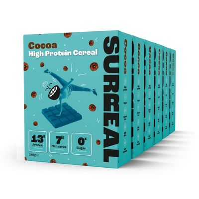 Surreal Chocolate Cereal - High Protein Cereal 6 Pack - Zero Sugar- Healthy Plant Based Cereal - High in Fibre - Low Carb - Gluten Free - Vegan - 18g of Protein, 0g of Sugar - 240g per Box
