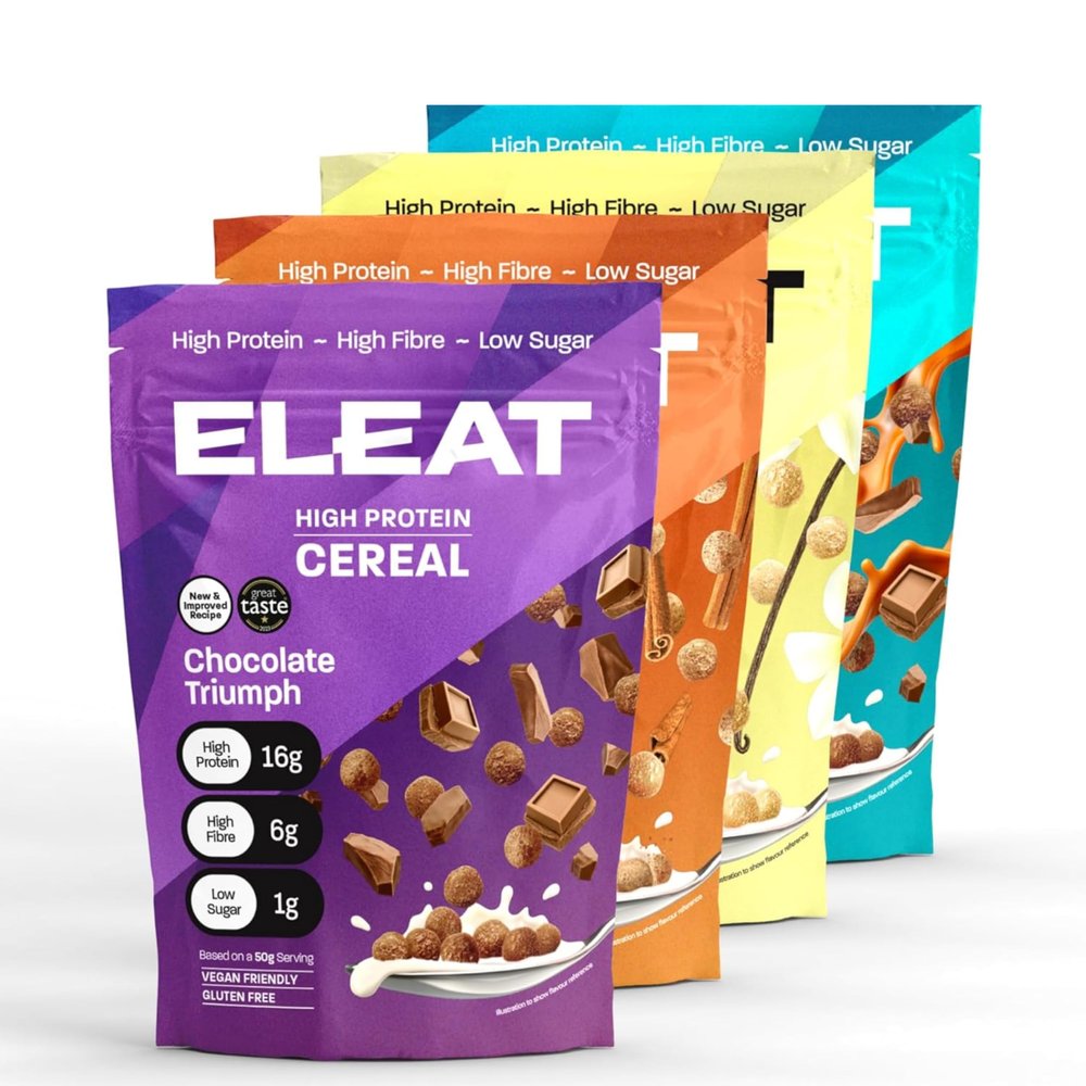 ELEAT | High Protein Low Sugar High Fibre Cereal | Muscle Recovery Healthy Gluten Free Vegan Breakfast | Complete Plant Protein | Low GI Carbs High Protein Cereals | Variety Pack 4 x 250g