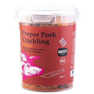 Proper Pork Crackling - 6 X 100g Pots  Available in Multiple Flavours - Keto-friendly, Allergen-Free, Low Carb & High Protein, Handmade in Britain (Chorizo)