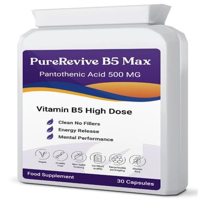 PureRevive High-Potency Vitamin B5 500mg - Advanced Pantothenic Acid Formula for Enhanced Metabolism, Skin & Joint Support | Non-GMO, Gluten-Free | Made in UK (30)