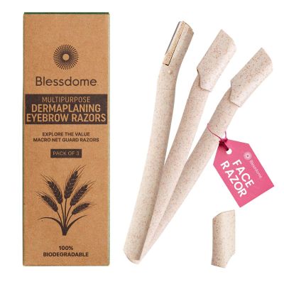 BLESSDOME 3Pcs Biodegradable Wheat Straw Eyebrow Razor Shaper for Women | Peach Fuzz & Facial Hair Remover and Trimmer | Exfoliating Dermaplane Tool |Eco-Friendly Dermaplaning Blades for Face