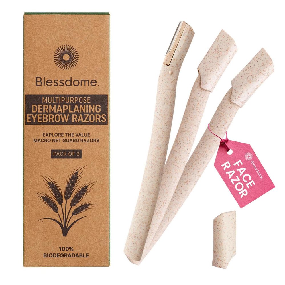BLESSDOME 3Pcs Biodegradable Wheat Straw Eyebrow Razor Shaper for Women | Peach Fuzz & Facial Hair Remover and Trimmer | Exfoliating Dermaplane Tool |Eco-Friendly Dermaplaning Blades for Face