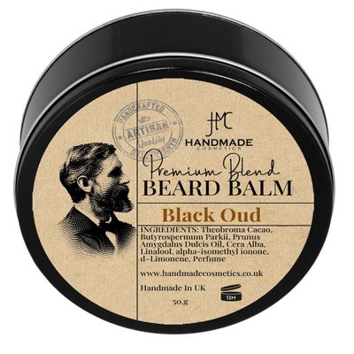 Handmade Cosmetics Black Oud Premium Beard Balm - Classic Oud Wood Scented Beard Grooming and Skincare Butter for Men Moisturises, Conditions, Removes Beardruff 50g