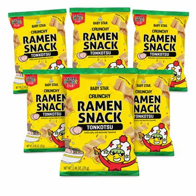 Baby Star Tonkotsu Crunchy Ramen Snack Wide | 69.7 g (6 Pack) | Delicious Dry Ramen Snack Packs