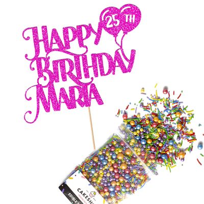 Cakeshop Cake Decoration Pack | Happy Birthday Premium Double Sided Glitter Card Cake Topper Sign & 25g Party Pack of Cake Sugar Sprinkles | Custom Name & Age Cake Decorations (Bright Pink)