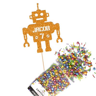 Cakeshop Cake Decoration Pack | Robot Alien Birthday Premium Double Sided Glitter Card Cake Topper & 25g Party Pack of Cake Sugar Sprinkles | Custom Name & Age Cake Decorations (Orange)
