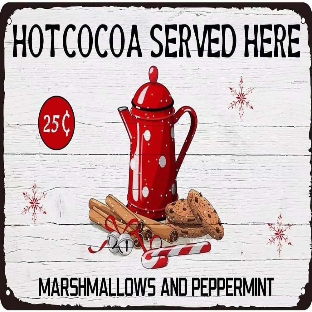 Hot Cocoa Served Here Marshmallows and Peppermint Christmas Metal Tin Sign Hot Cocoa Bar Wall Decor Farmhouuse Cfae 12x16 Inch