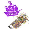 Cakeshop Cake Decoration Pack | Pirate Ship Birthday Premium Double Sided Glitter Card Cake Topper & 25g Party Pack of Cake Sugar Sprinkles | Custom Name & Age Cake Decorations (Purple) view 1