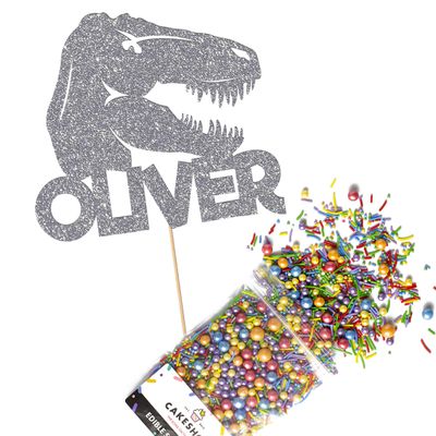Cakeshop Cake Decoration Pack | T-Rex Dinosaur Birthday Premium Double Sided Glitter Card Cake Topper Sign & 25g Party Pack of Cake Sugar Sprinkles | Custom Name Cake Decorations (Dark Silver)