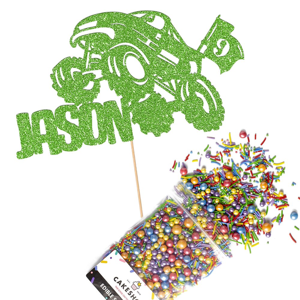 Cakeshop Cake Decoration Pack | Monster Truck Birthday Premium Double Sided Glitter Card Cake Topper & 25g Party Pack of Cake Sugar Sprinkles | Custom Name & Age Cake Decorations (Green)