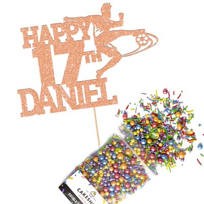 Cakeshop Cake Decoration Pack | Football Birthday Theme Premium Double Sided Glitter Card Cake Topper & 25g Party Pack of Cake Sugar Sprinkles | Custom Name & Age Cake Decoration (Rose Gold)