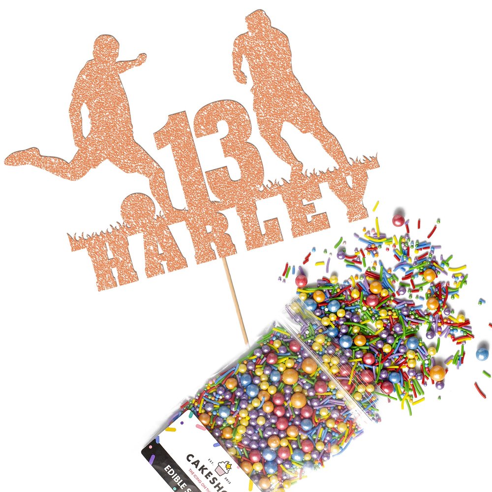 Cakeshop Cake Decoration Pack | Football Birthday Theme Premium Double Sided Glitter Card Cake Topper & 25g Party Pack of Cake Sugar Sprinkles | Custom Name & Age Cake Decoration (Rose Gold)