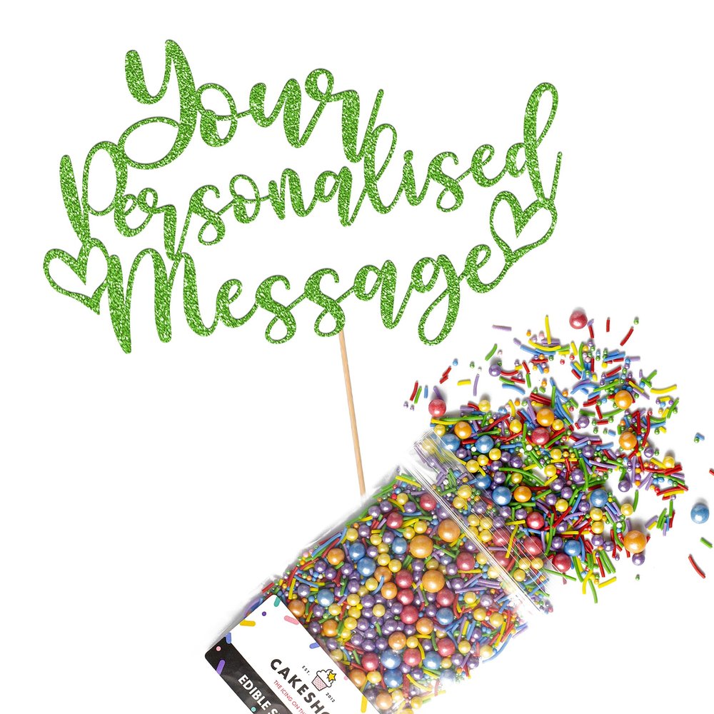 Fully Custom Premium Double Sided Glitter Card Cake Topper Sign & 25g Party Pack of Cake Sugar Sprinkles for your Celebration | Birthday, Anniversary, Leaving Cake Decoration (Green)