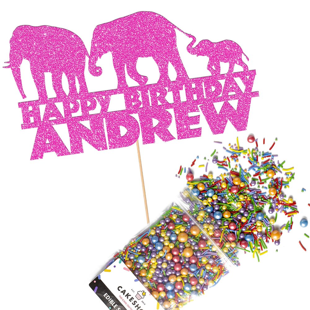 Cakeshop Cake Decoration Pack | Elephant Jungle Birthday Premium Double Sided Glitter Card Cake Topper Sign & 25g Party Pack of Cake Sugar Sprinkles | Custom Name Cake Decoration (Baby Pink)