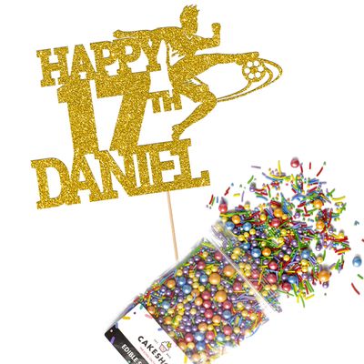 Cakeshop Cake Decoration Pack | Football Birthday Theme Premium Double Sided Glitter Card Cake Topper & 25g Party Pack of Cake Sugar Sprinkles | Custom Name & Age Cake Decoration (Gold)