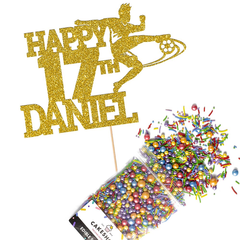 Cakeshop Cake Decoration Pack | Football Birthday Theme Premium Double Sided Glitter Card Cake Topper & 25g Party Pack of Cake Sugar Sprinkles | Custom Name & Age Cake Decoration (Gold)